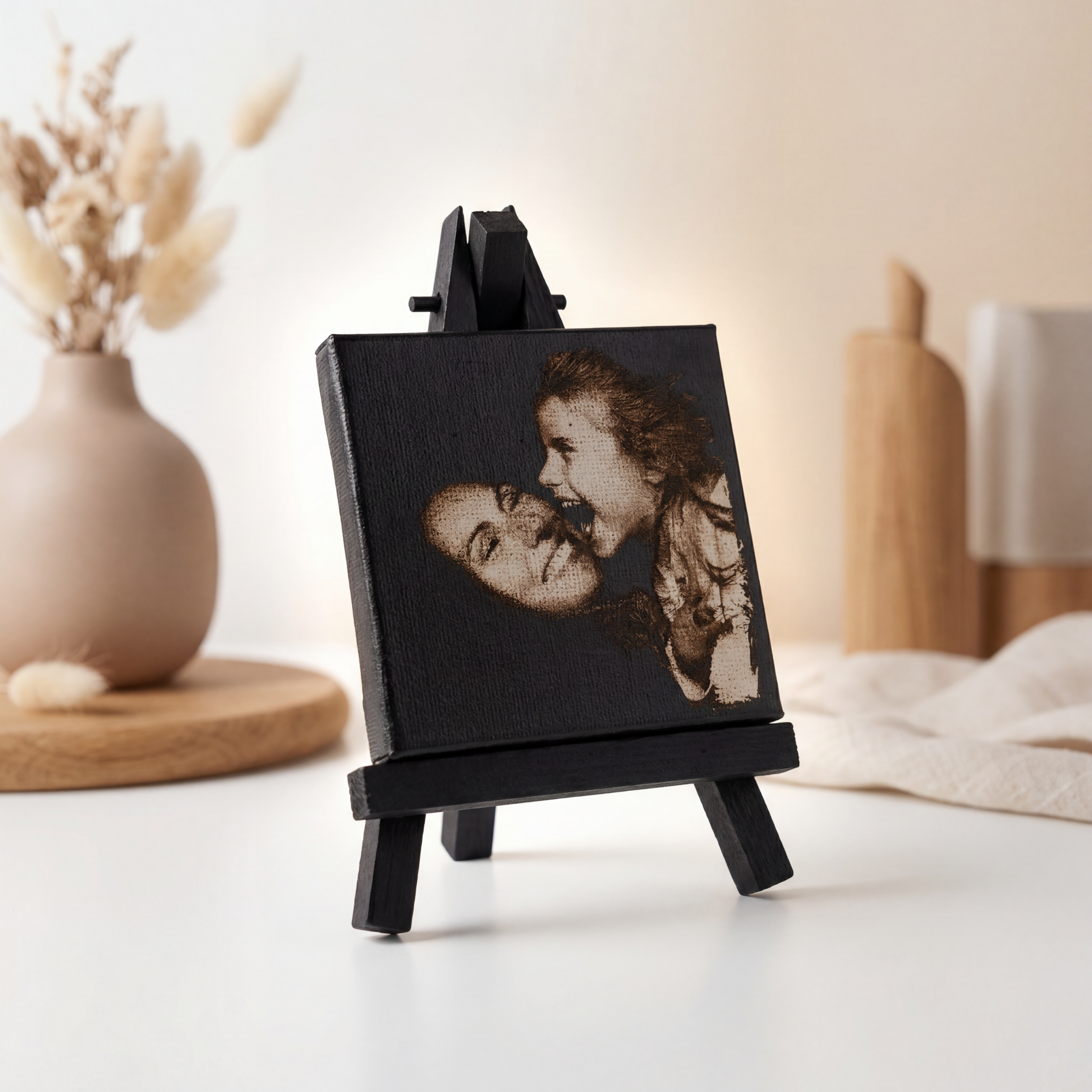 Photo gravée personnalisée sur toile noire avec chevalet
